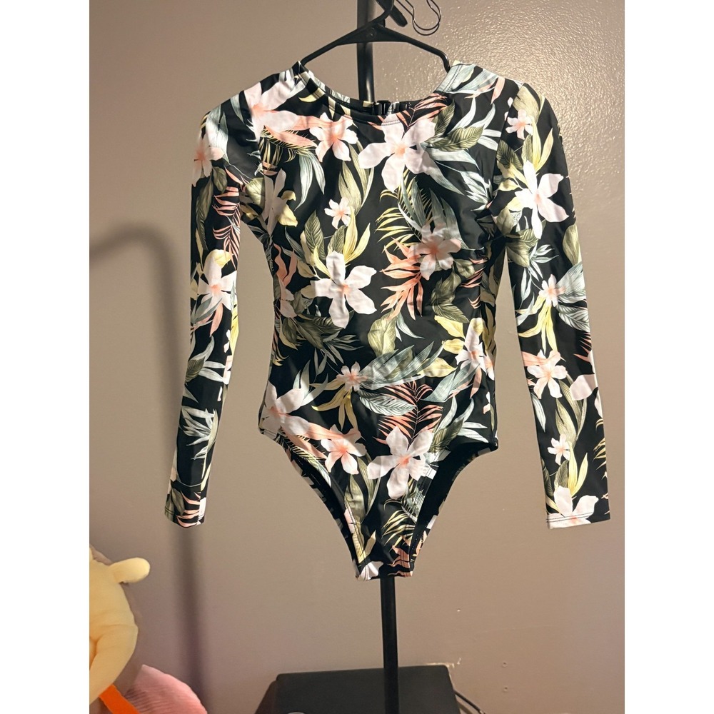 Kona Sol Women's Black Tropical Floral Print Long Sleeve One Piece Swimsuit L